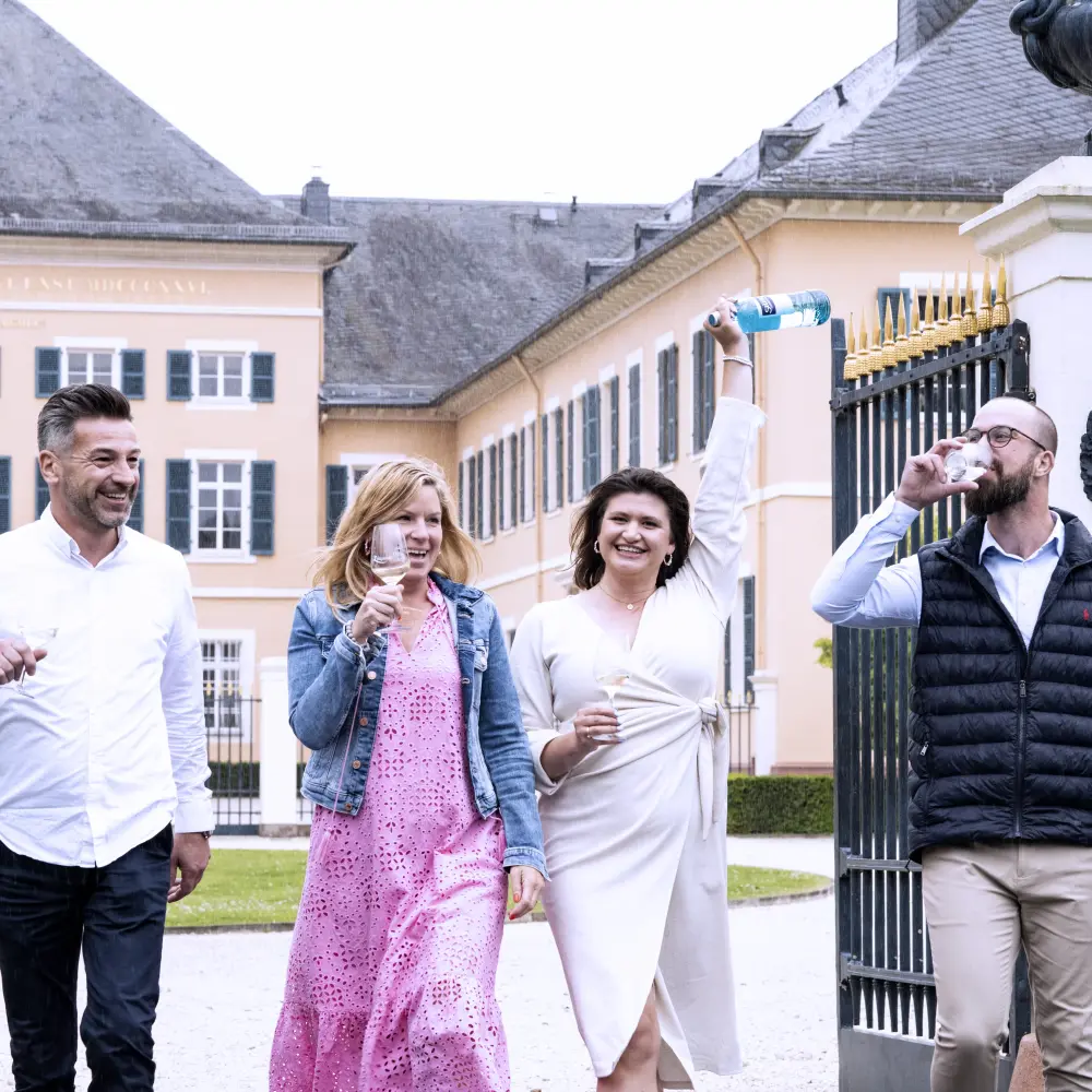Vier Personen gehen lächelnd und Sekt trinkend vor einem Schloss.