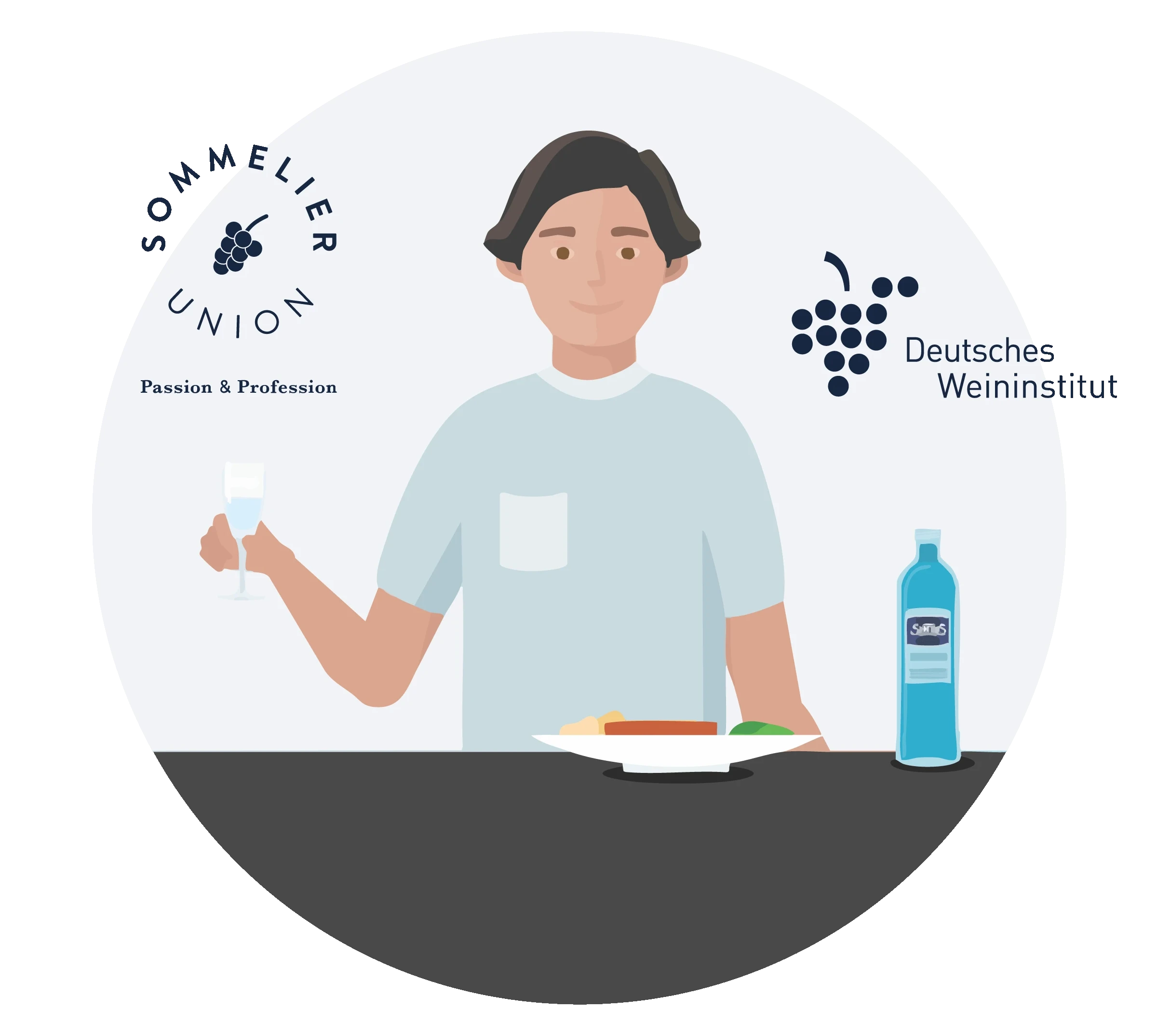 Ein Mann steht an einem Tisch mit einem Glas Wein, einer Flasche Wasser und einem Teller mit Essen.