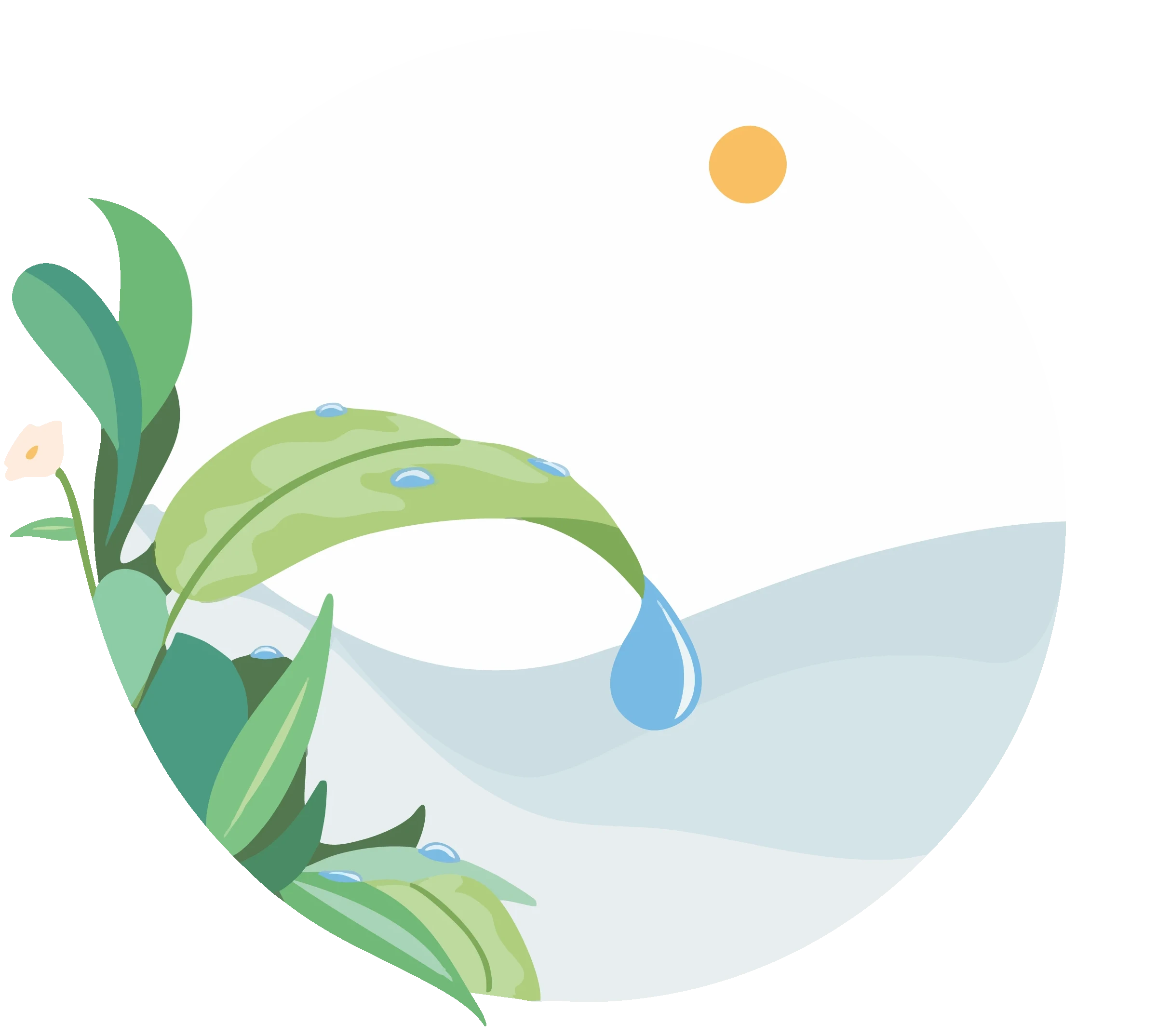 Grüne Blätter mit Wassertropfen streifen über eine abstrakte Wasserfläche, Sonne im Hintergrund.