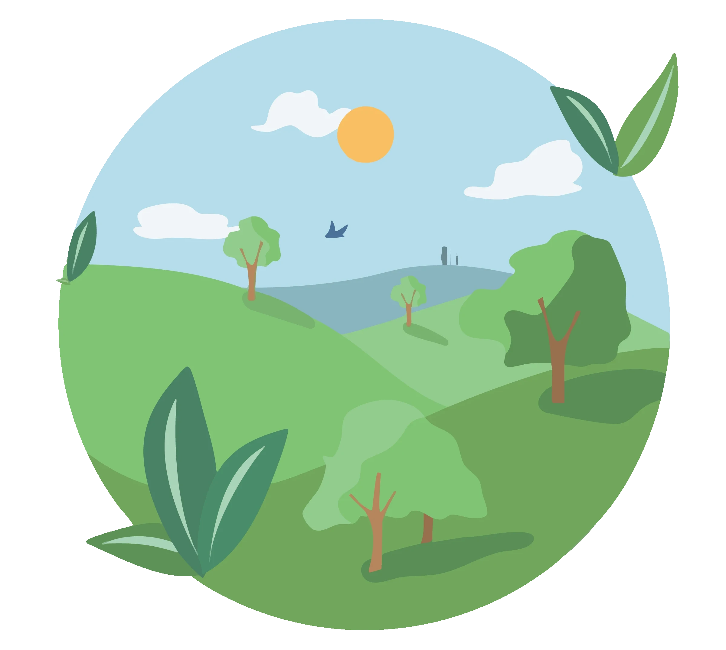 Ein hügelige Landschaft mit Bäumen und Wolken unter einem gelben Sonnenball.