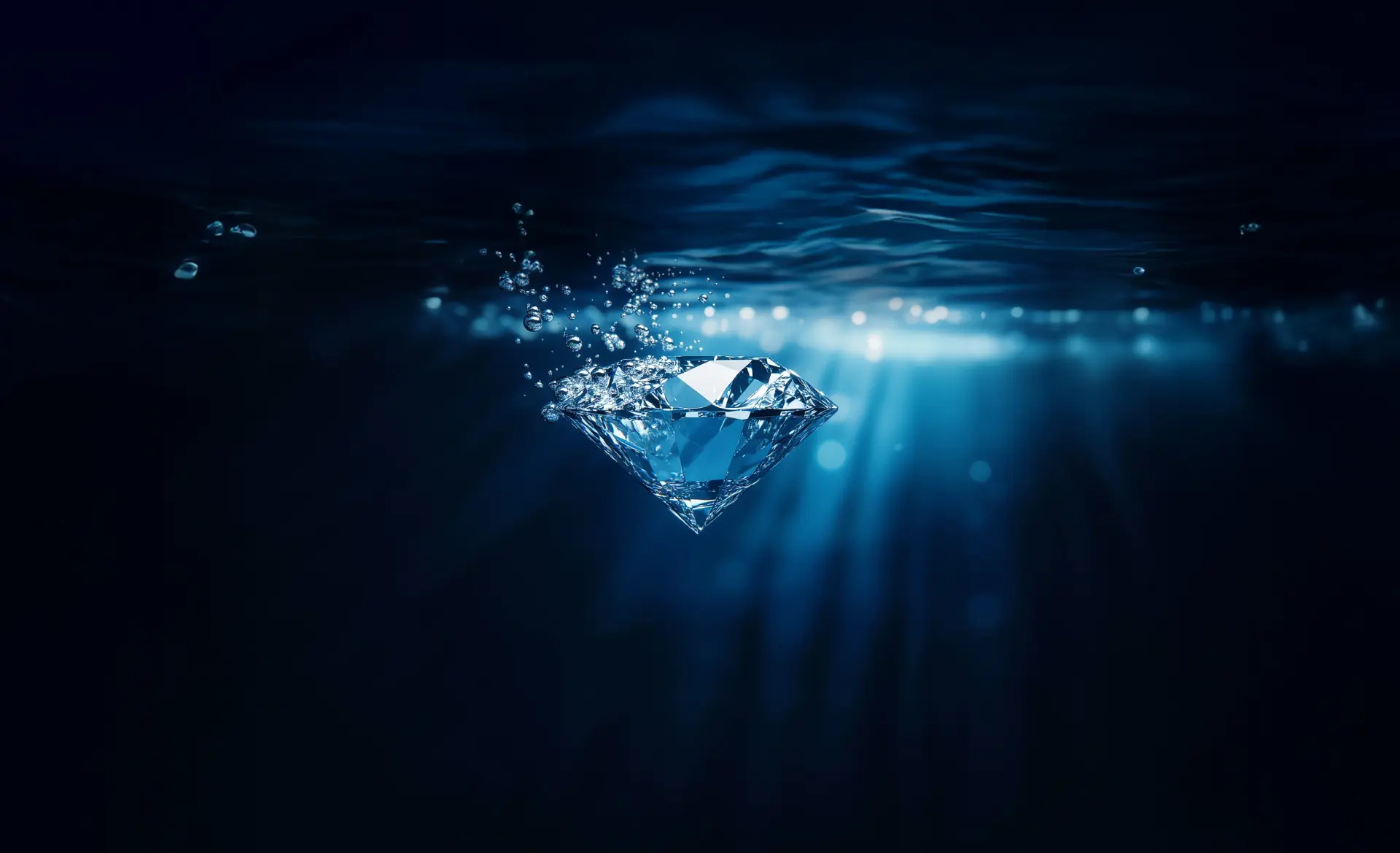 Ein Diamant schwebt unter Wasser, umgeben von kleinen Luftblasen und Lichtstrahlen.