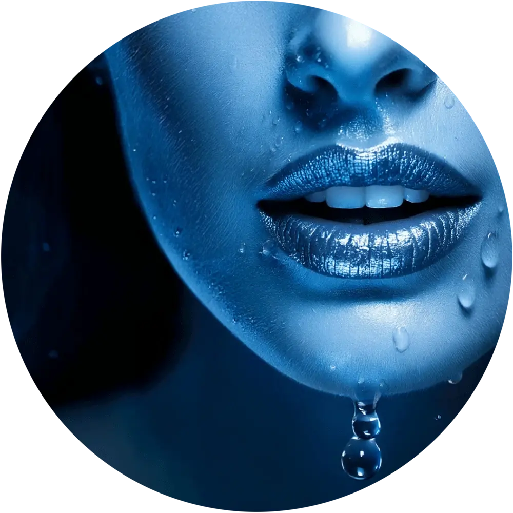 Ein Bild zeigt blaue Lippen bedeckt mit Wassertropfen, aus denen eine Tropfen fällt.