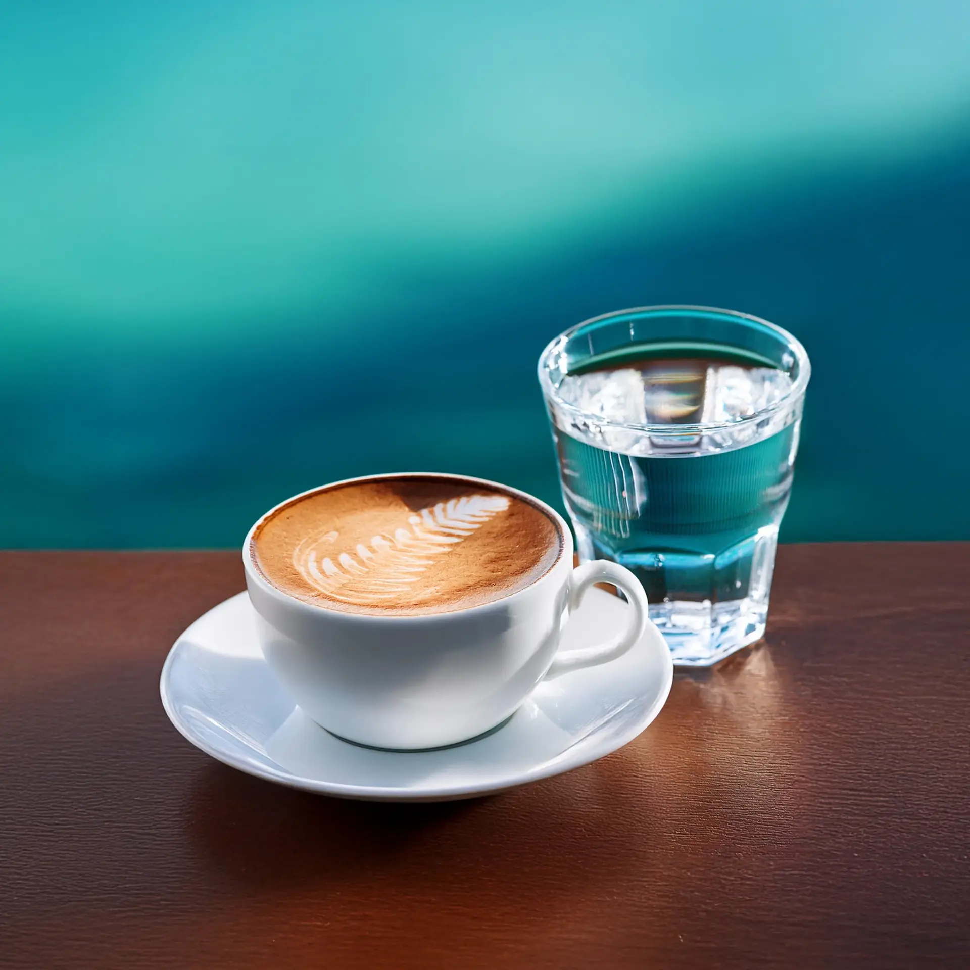 Eine Tasse Cappuccino mit Blattmuster im Schaum steht neben einem Wasserglas.
