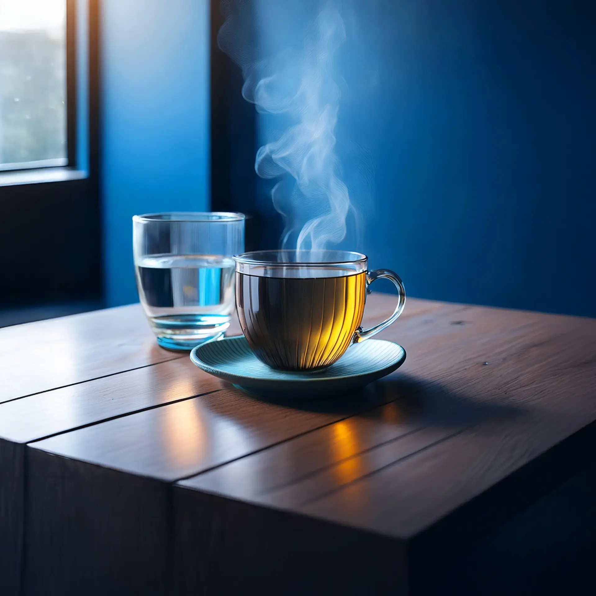 Heiße Flüssigkeit dampft in einer durchsichtigen Tasse auf einem Holztisch neben einem Wasserglas.
