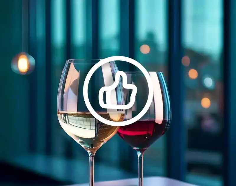 Ein Weinglas mit Weißwein steht neben einem Rotweinglas auf einem Tisch.