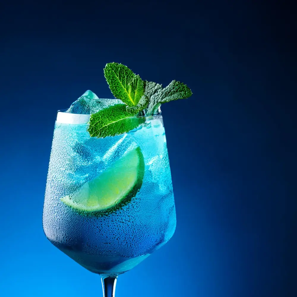 Ein erfrischendes Getränk in einem Glas mit Eiswürfeln, Limettenscheibe und Minzblättern wird präsentiert.