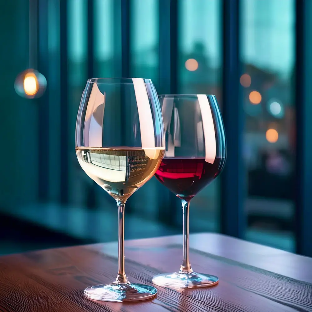 Zwei Weingläser stehen auf einem Holztisch, eines mit Weißwein, das andere mit Rotwein.