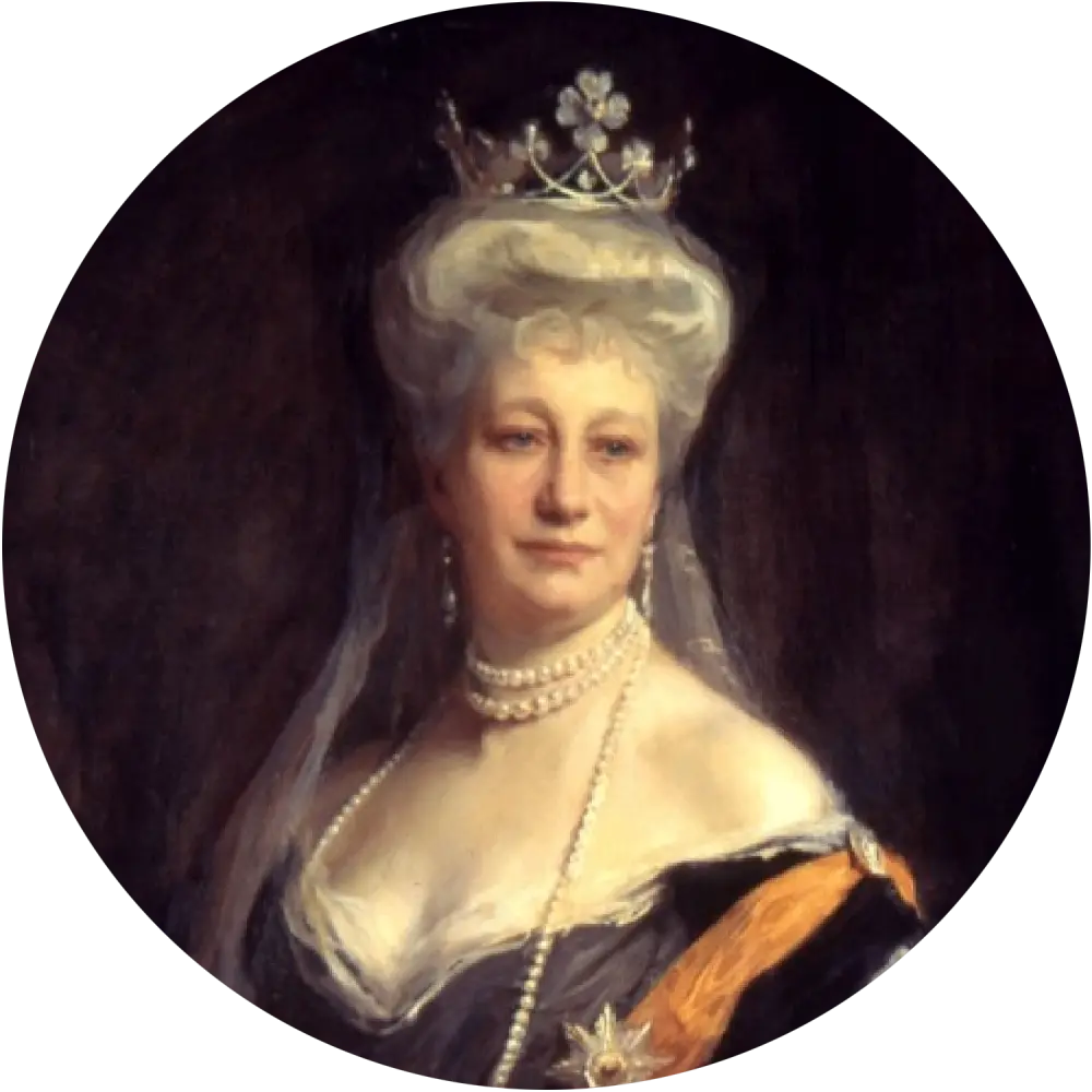 Porträt einer Frau mit Krone und Perlenkette in historischer Kleidung.