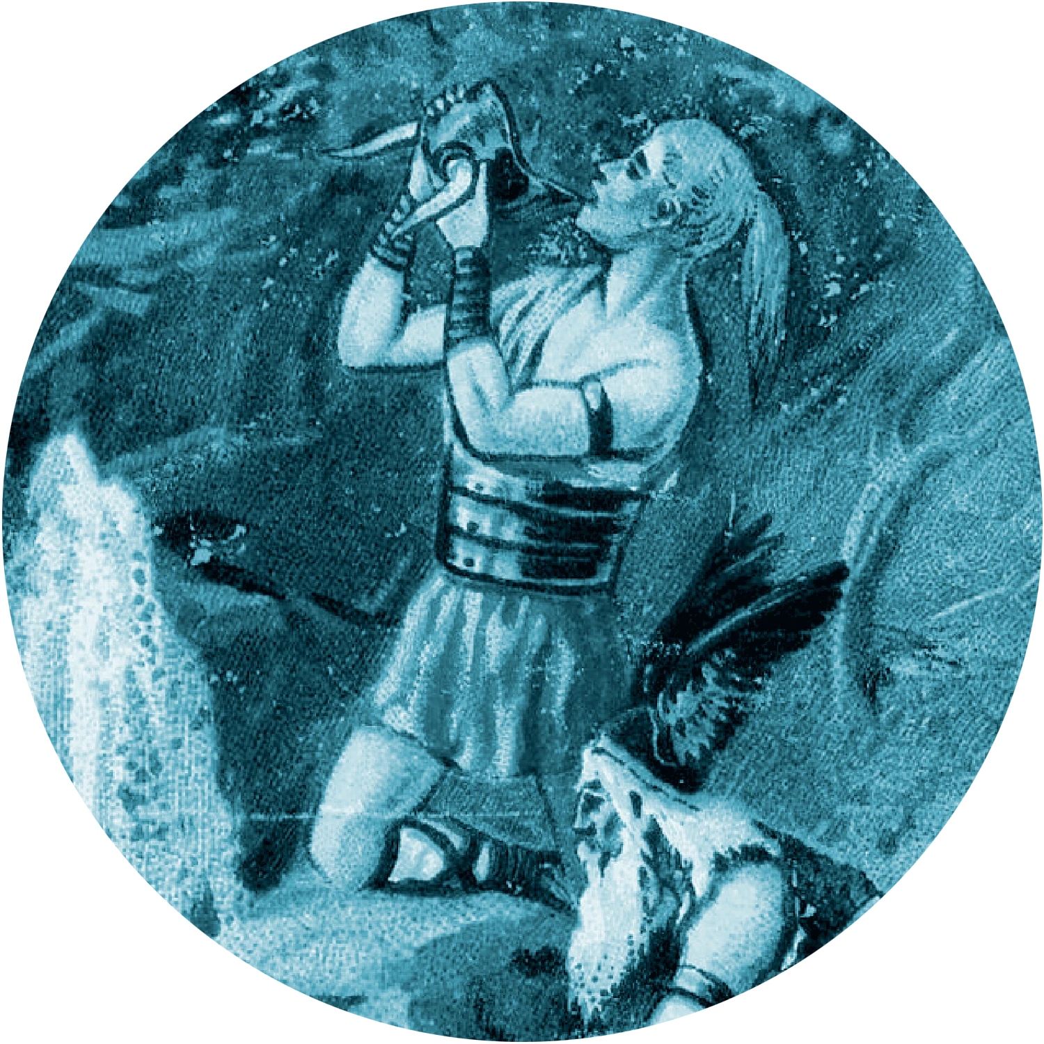 Eine Person mit langen Haaren bläst in ein Horn unter einem Sternenhimmel. Sie trägt einen breiten Gürtel und einen Rock.