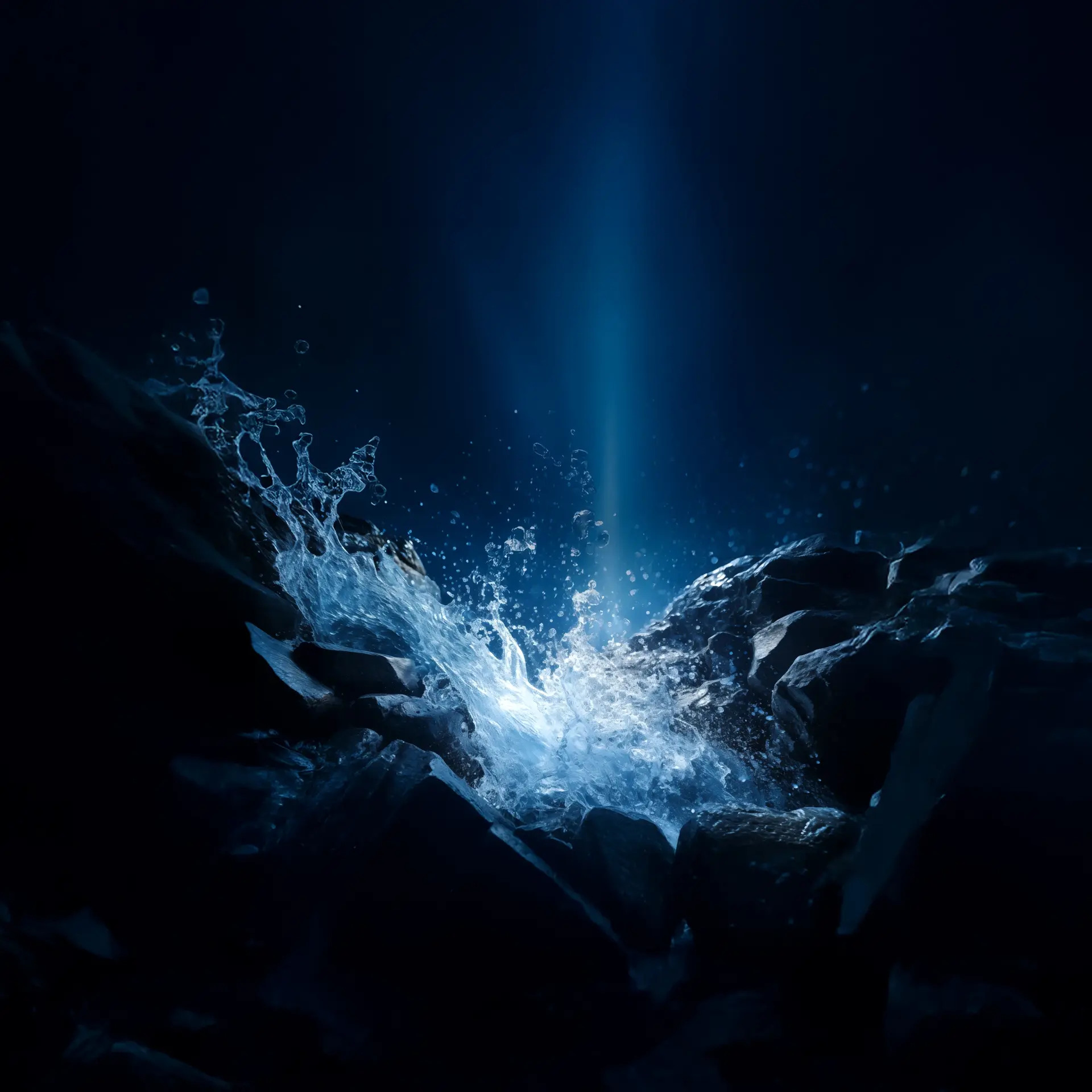 Ein Lichtstrahl durchdringt dunkles Wasser, trifft auf Felsen und verursacht Spritzwasser.